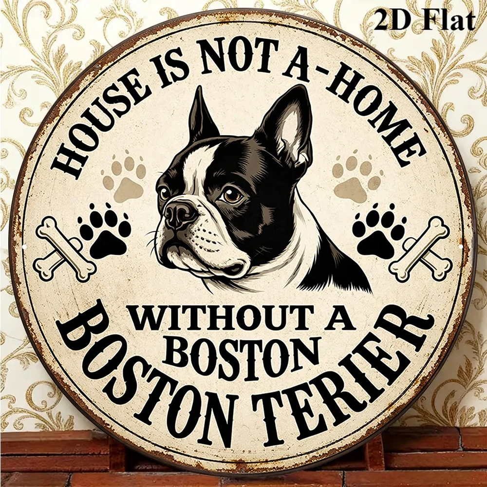 2D Flat, 1pc Vintage Boston Terrier Wooden Wall Plaque - Round Suitable for Living Room Decor, Study, Pet Shop or Gift, Artifici