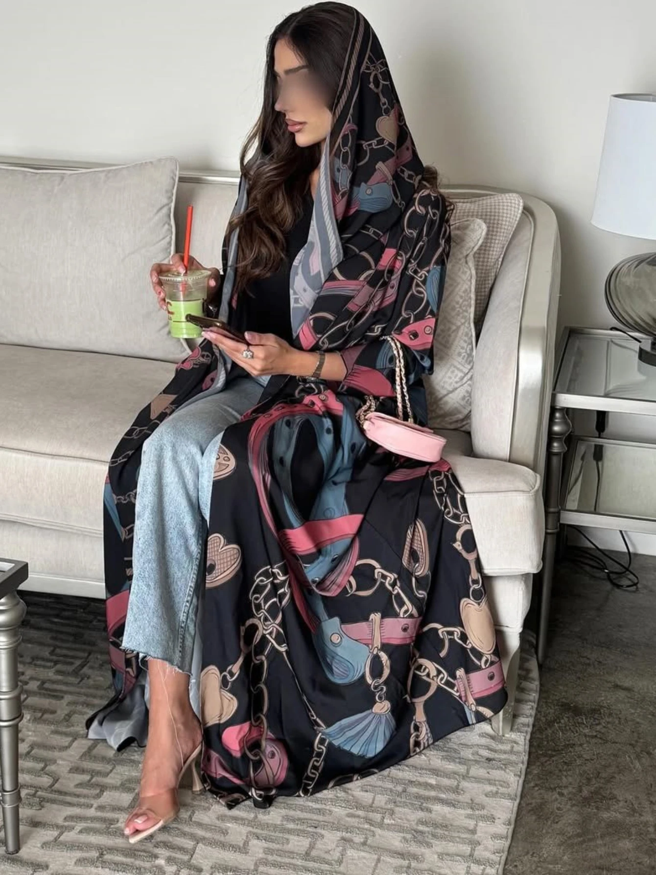 Eid Abaya Women Print Cardigan Dress Headscarf 2 Piece Set Muslim Dubai Morocco Kaftan Ramadan Saudi Robe Open Vestidos Largos