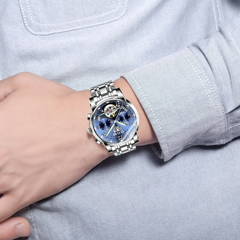 Imagem -05 - Dom Marca de Luxo Relógios Mecânicos dos Homens do Esporte Relógio à Prova Impermeável Água Moda Azul Dial Relógio de Pulso Relógio Masculino M75