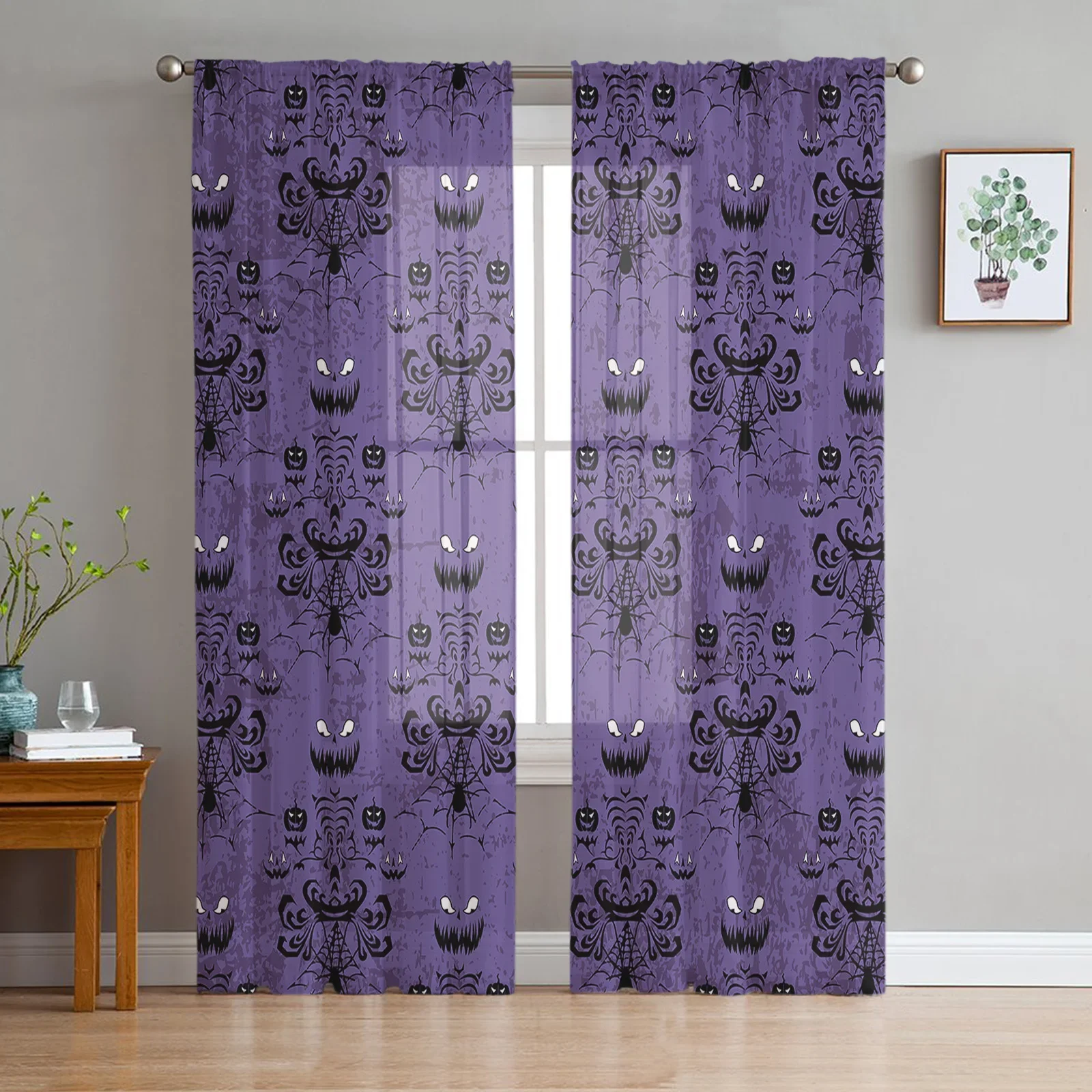 Halloween Grimace Pumpkin Ghost Purple Tulle Curtains Living Room Kitchen Window Decoration Chiffon Voile Sheer Curtain