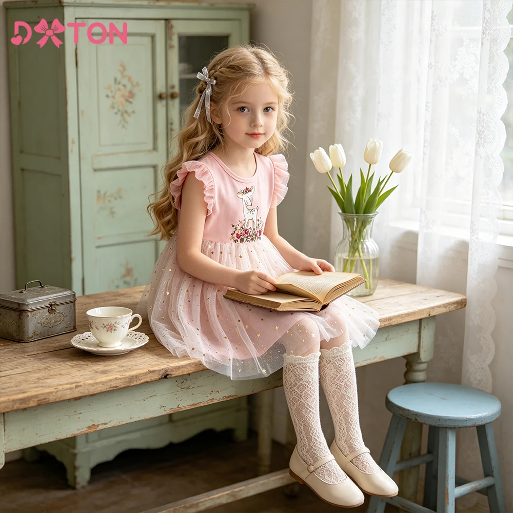 DXTON Baumwoll-Prinzessinnenkleider für Kleinkinder mit Giraffen-Print, Kinder-Tierkleidung, ausgestellte Ärmel, Mädchenkleid, Ballkleid, Mesh-Kinderkleid