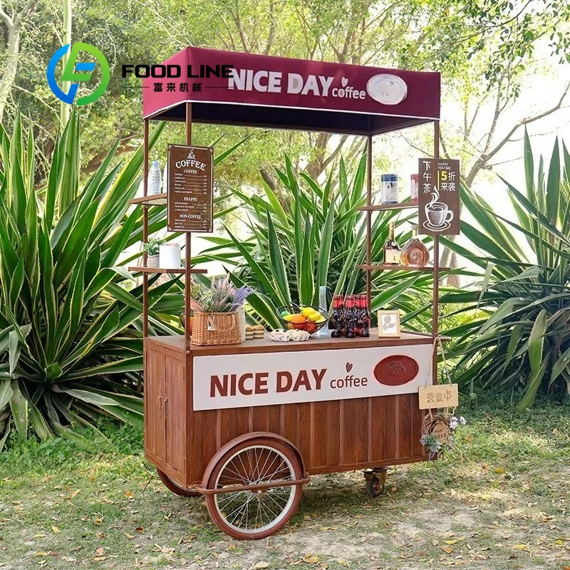 Customized New Design Hand Push Tricycle Cart Mobile Outdoor Coffee Vending Bicycle Cart For Street Business Catering Service