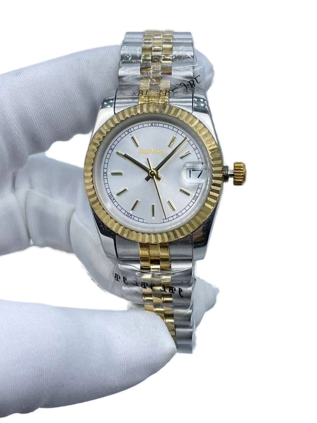 Custom Logo31mmElegant ladies' automatic diamond watch, serrated watch with mechanical movement and calendar window, ladies'gift