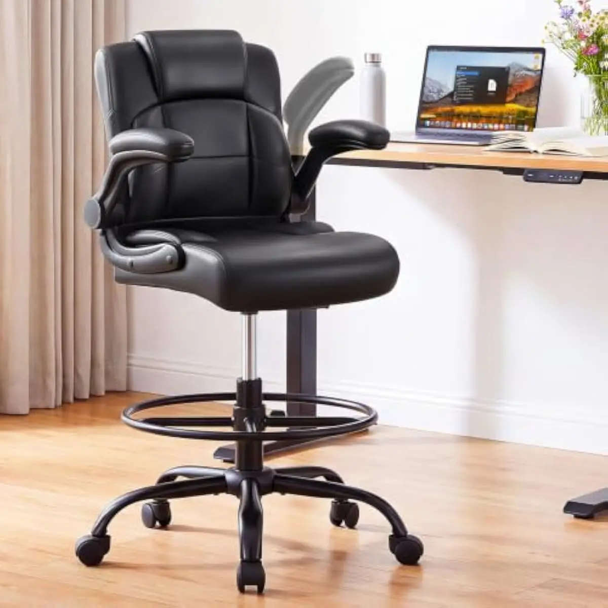 Adjustable Tall Drafting Stool with 360° Swivel Base and Height Range 39.8–45.3 Inches, Flip-Up Armrests, Ergonomic High-Back Su