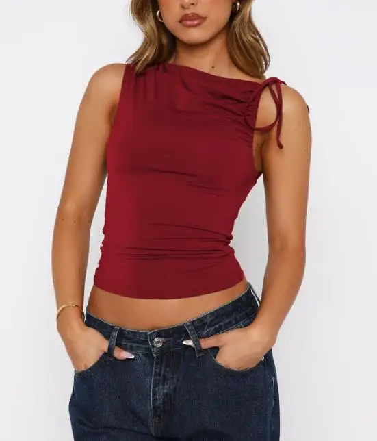 

Summer New French Elegant Y2K Fashion Style Solid Color Simple Round Neck Drawstring Strap Shoulder Design Sleeveless Vest
