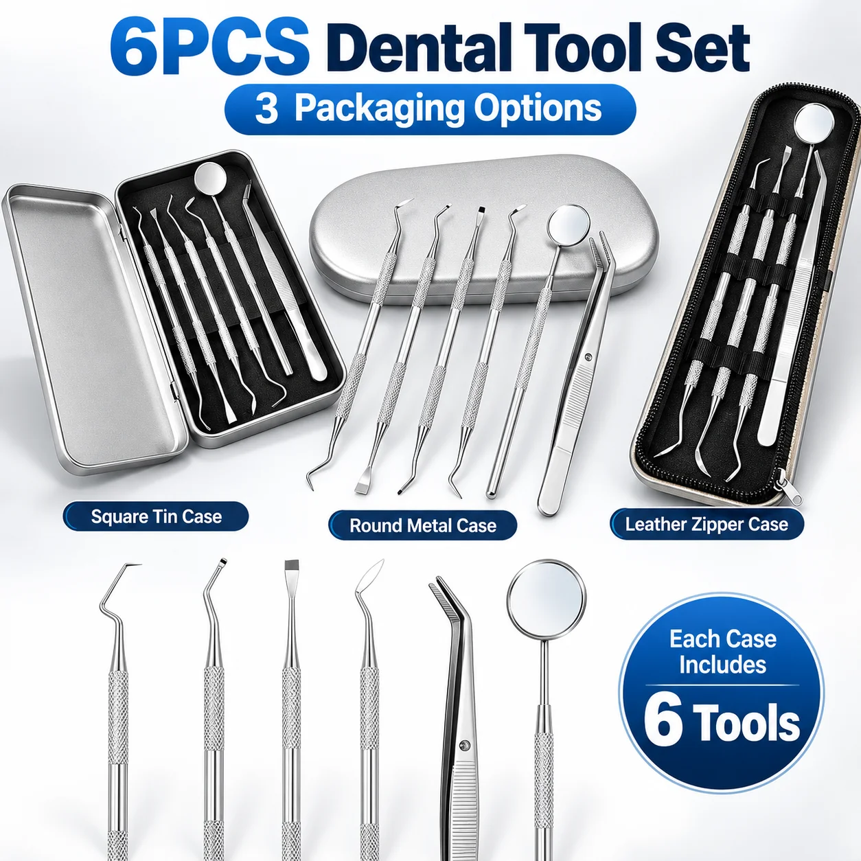 6Pcs Stainless Steel Dental Tool Set with Mirror, Tweezers, Scalers and Probes, Portable Dental Instrument Kit with Square Tin C
