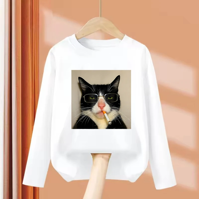 Fashion Retro Vintage Smoking Cat Long Sleeve T Shirts Kids Children's T-shirt Casual Boys Girls Summer Spring Casual Top Tee