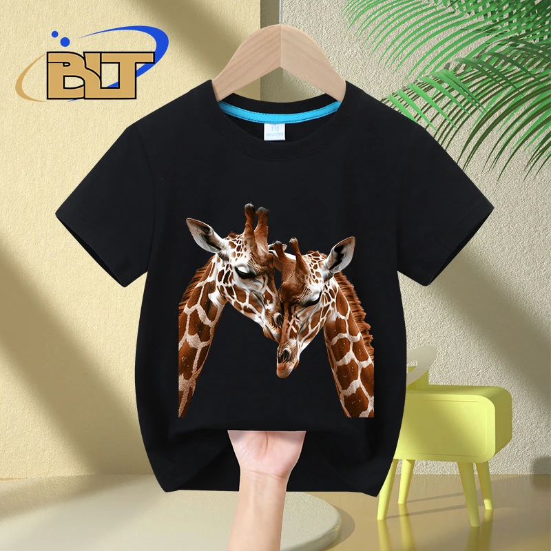 Giraffe print children's clothing summer kids T-shirt pure cotton short-sleeved casual tops boys and girls gifts