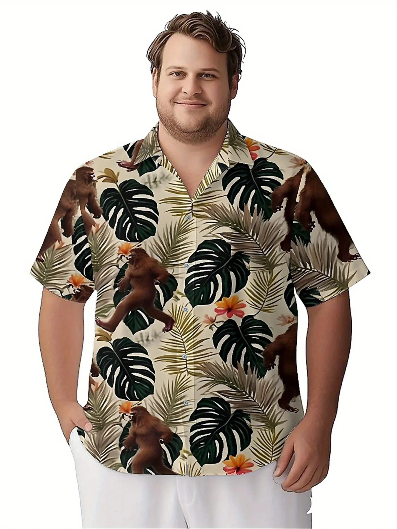 Camisas hawaianas de talla grande para hombre, patrón de gorila y plantas tropicales, camisas holgadas Unisex Aloha, ropa alternativa de verano