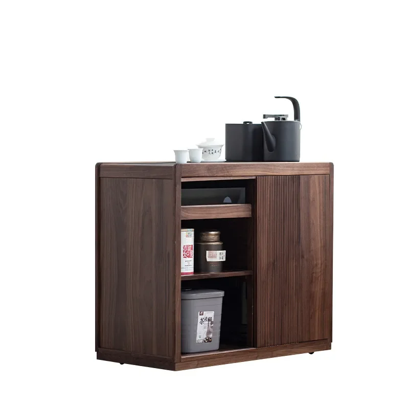 Black Walnut Mobile Coffee Table Solid Wood Small Apartment Tea Cabinet Household Tea Bar Machine Living Room
