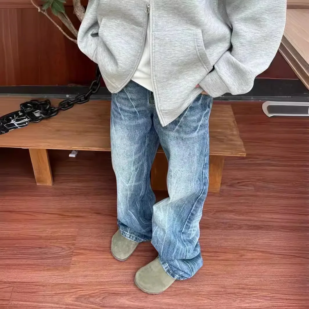 

Men Jean Straight Denim Pants Distressed Jeans Ankle Length Trousers Washed Pockets Summer Loose High Street Zipper Fly