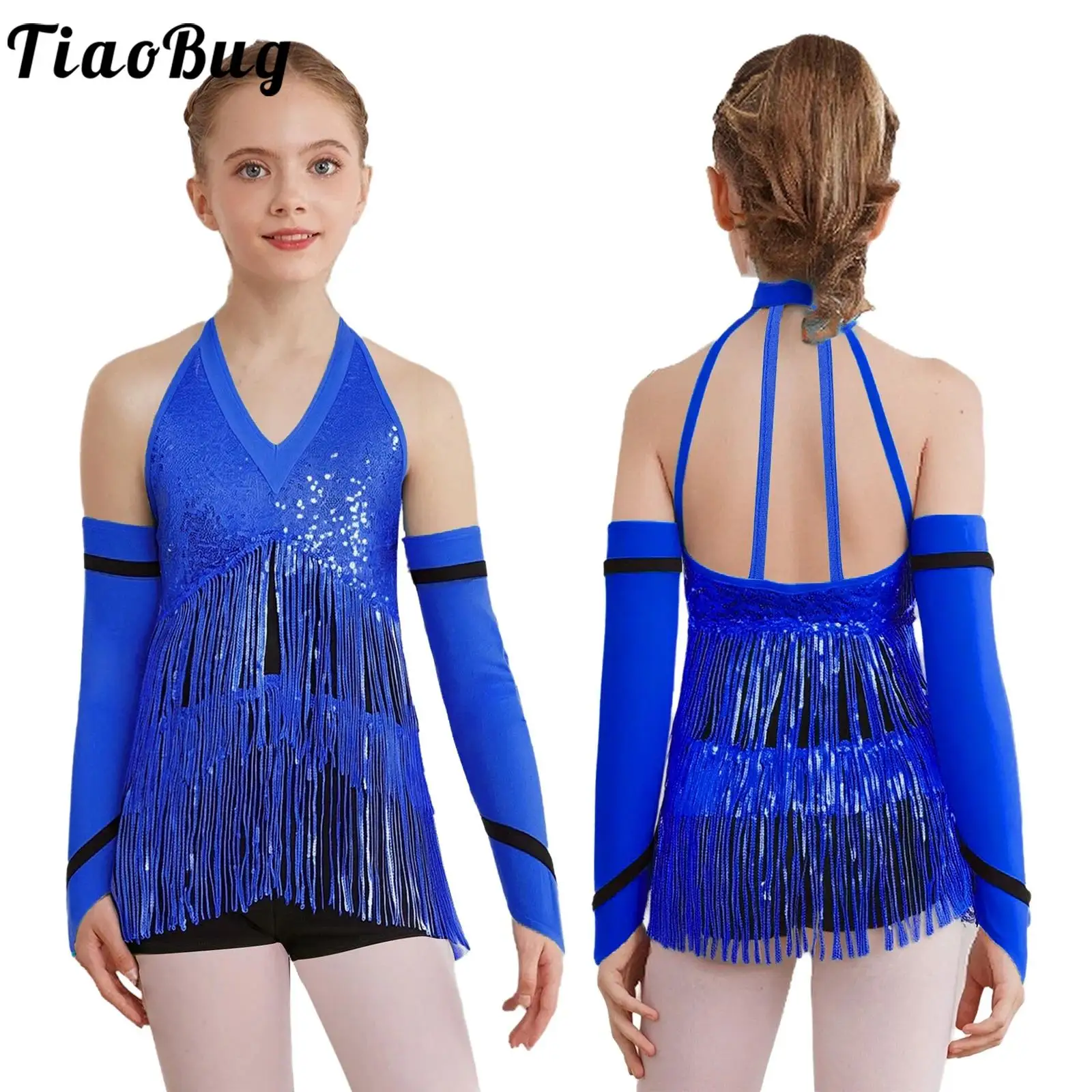 

Kids Girls Jazz Fringed Dance Leotards Sleeveless Leotard Cha-cha Tango Salsa Rumba Tassel Bodysuits Dress Dancewear with Gloves