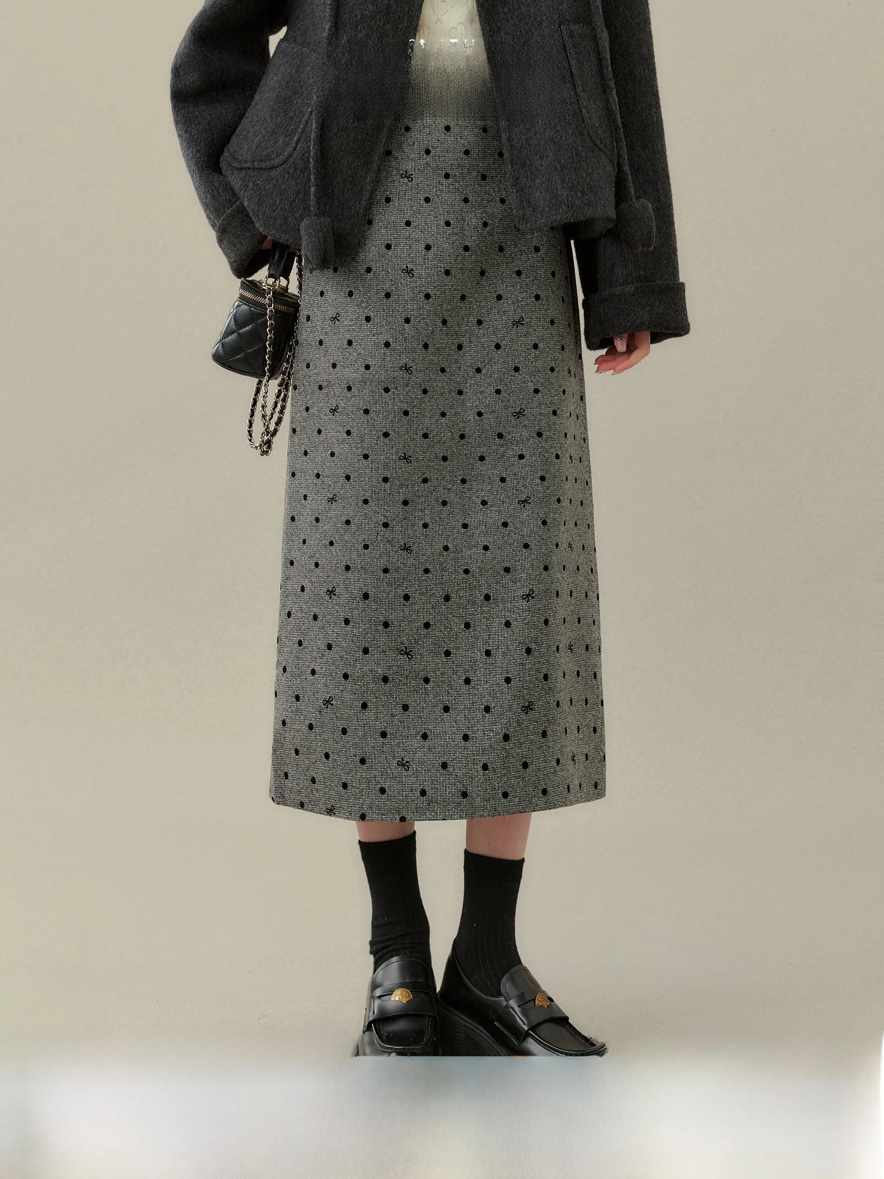 

Шерстяная юбка Cecilia в горошек с высокой талией, А-силуэт, миди, для женщин, для работы и повседневной носки, другие материалы, 00% шерсть