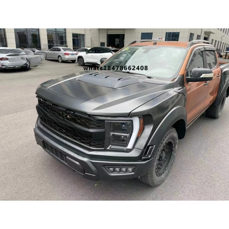 Automotive bumpers for 2012-2021 to 2021 F150 Raptor-style body kit include front and rear bumper assemblies with grille lights