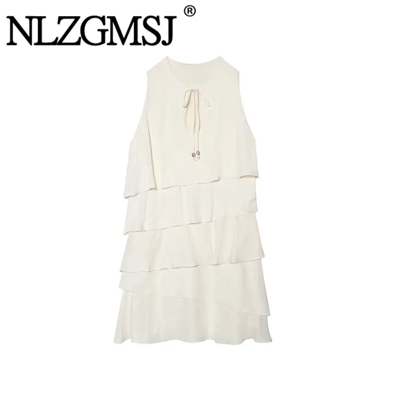 

NLZGMSJ 2026 Летнее Сексуальное Шикарное Женское Платье, Однотонное, Струящееся, Без Рукавов, С О-образным Вырезом, С Оборками, Длинное, Модное Праздничное Мини-платье