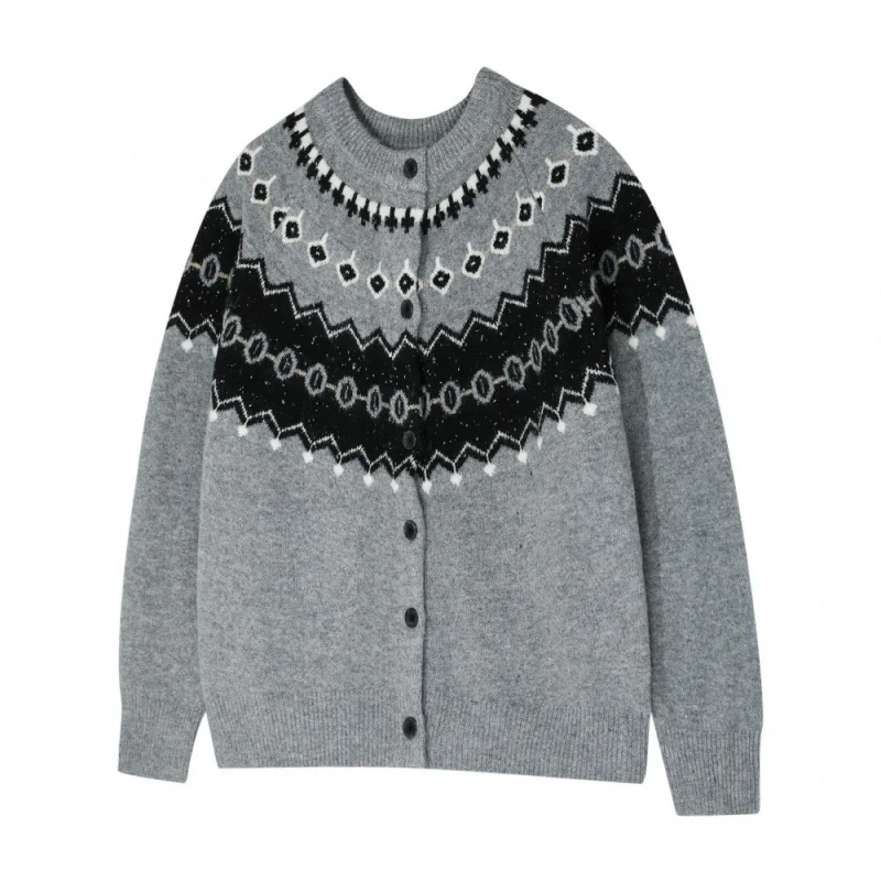 Men's Gray Fair Isle Knit Cardigan, 2025 Autumn Trend Vintage Geometric Patterned Button-Down Warm Knitted Outerwear