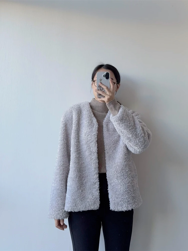 

Экологичная женская куртка из искусственного меха в японском стиле, имитация кожи, длинный рукав, V-образный вырез, полиэстер