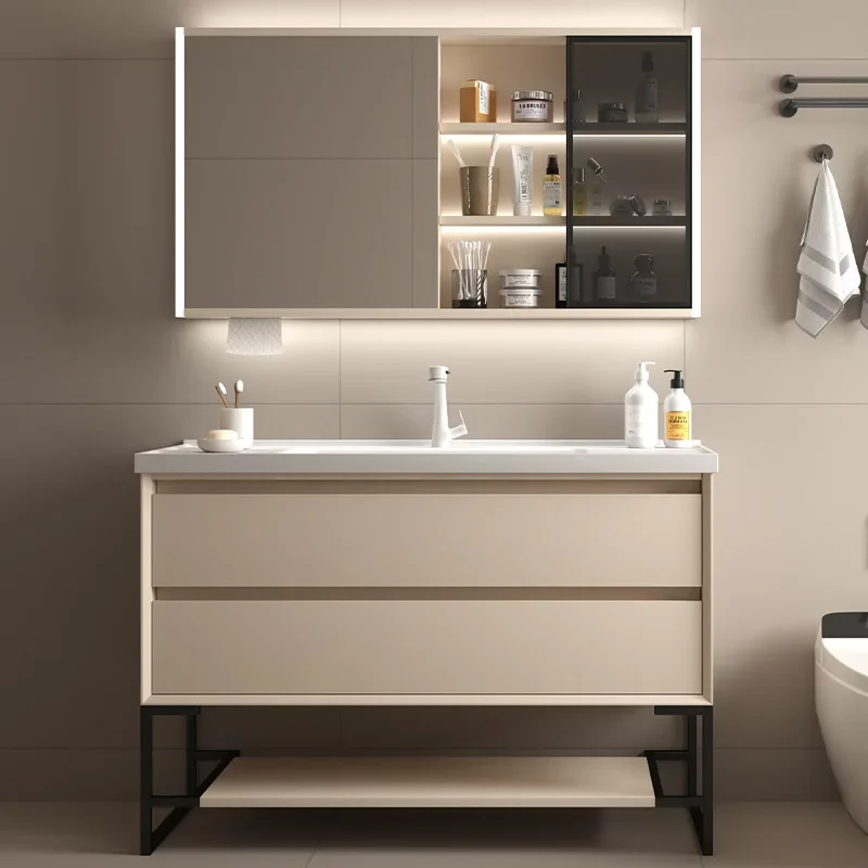 

Light Luxury Smart Bathroom Cabinet Ceramic Integrated Washbasin Solid Wood Bathroom Vanity Cabinet with Sink Bathroom Furniture