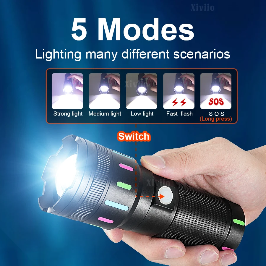 High Power Tactical Torch Most Powerful Rechargeable LED Flashlight Long Shot Lantern for Camping Outdoor Built-in 26650 Battery
