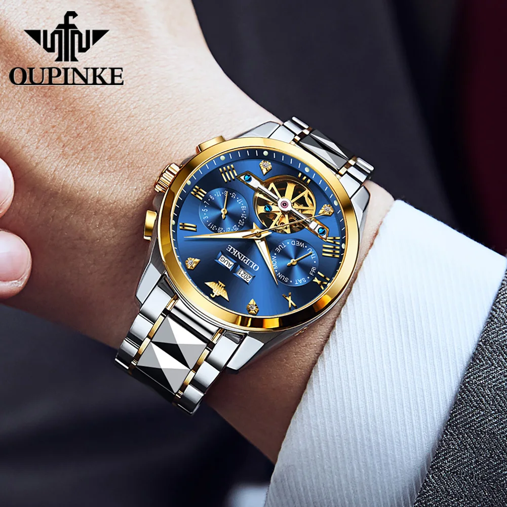 OUPINKE 3186 Men Tourbillon Watch Luxury Brand Skeleton Automatic Mechanical Watch Waterproof Sapphire Mirror Business Men Watch