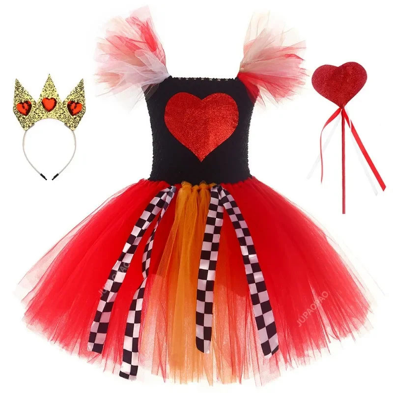 Red heart queen dress for girls Halloween Cosplay Costumes for Kids girl Alice Princess tutus outfit with Crown wand clothes #1