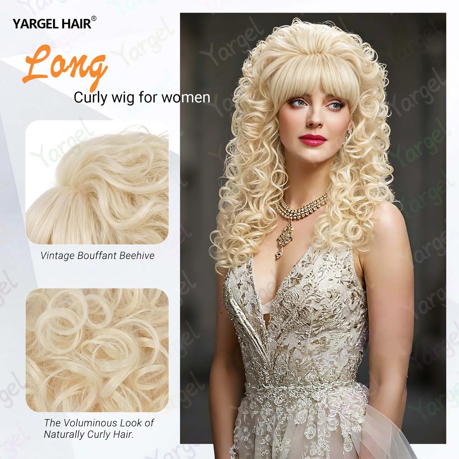 Synthetic Long Blonde Curly Wig with Bangs for Women, Multi Colores Retro Bouffant Beehive Dolly Wig for Halloween Cosplay Party image 5