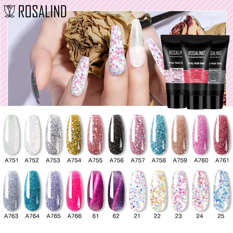 ROSALIND Extension Nail Gel UV LED Poly Acrylic Nail Gel Clear Nude Glitter Sequin Quick Building Poly Nail Gel Manicure