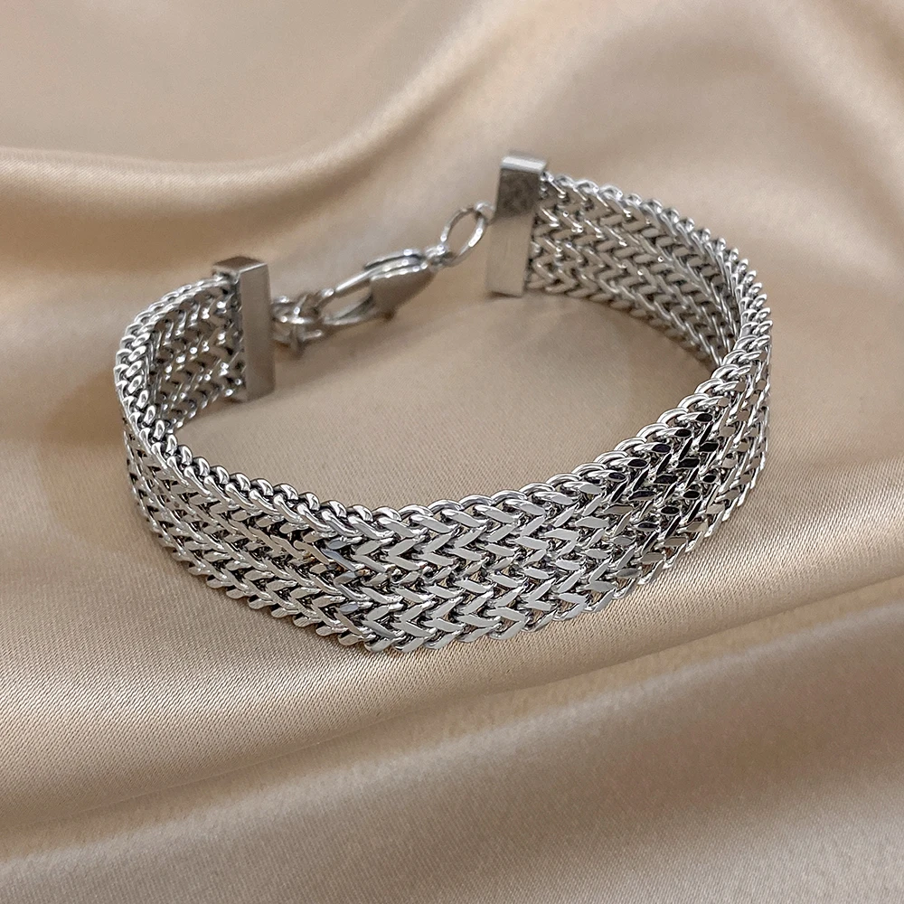 

Freetry Vintage Multilayer Woven Stainless Steel Bracelet for Women Silvery Waterproof Chunky Wide Bracelet Holiday Jewelry Gift