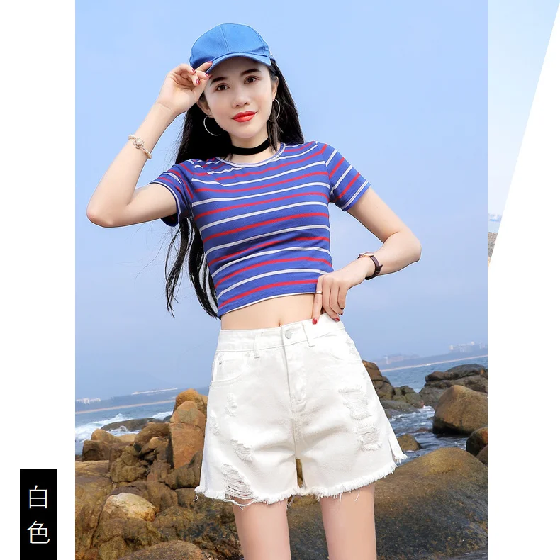 Ripped Thin Denim Shorts High Waist Women's Style Summer Hot Pants Slimming Wide Leg A- Line Mini Skirt Cotton Material E9018