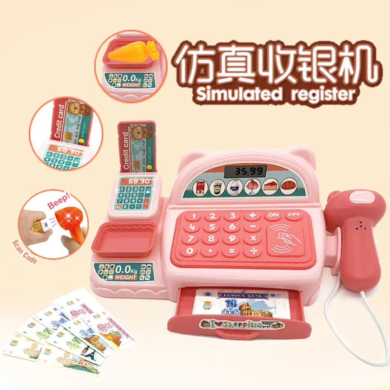 Simulation Cartoon Supermarket Cash Register Toys Home Appliances Students Children Playing Home Electric Lighting Sound Effects