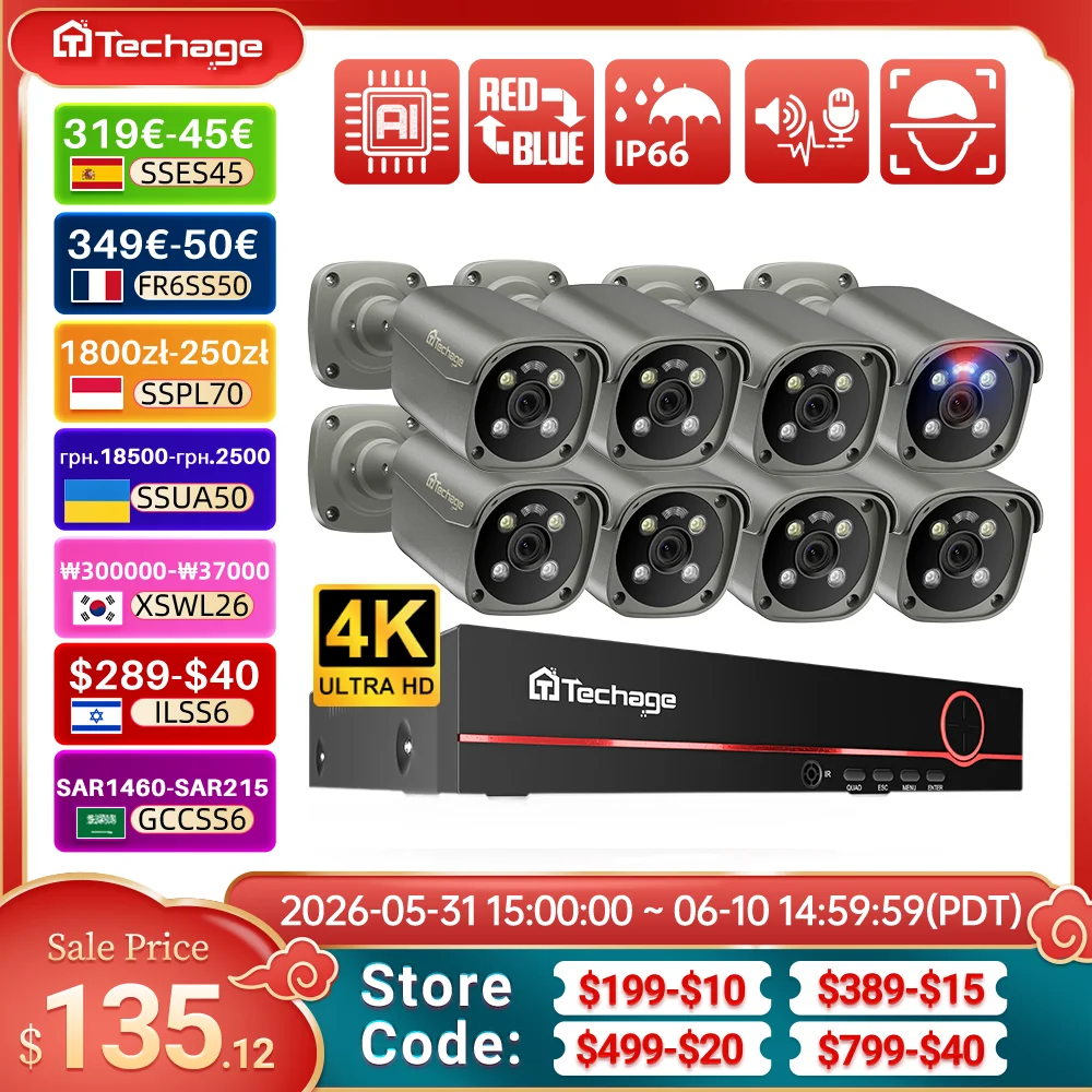 Techage 4K Security Camera System Ultra HD 8MP POE NVR Two-Way Audio Face Detect Color Night Vision CCTV Video Surveillance Set