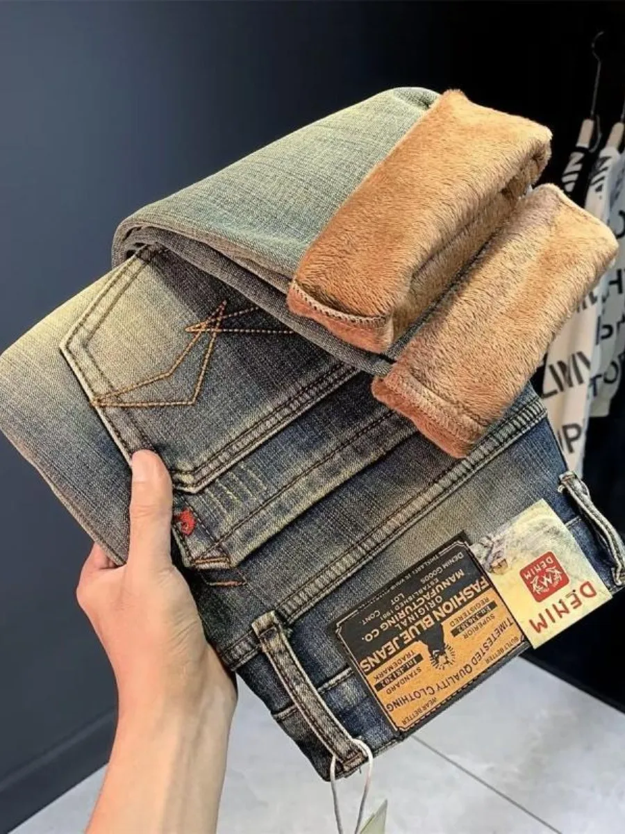 

Винтажные облегающие мужские джинсы на подкладке Waed, осень-зима, модные брендовые эластичные повседневные брюки со средней талией, Dstring