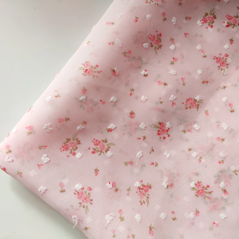 1.5m Wide Blue Pink Apricot Flocking Polka Dot Chiffon Printing Fabric Small Floral Home Background Dress Fabric SC229