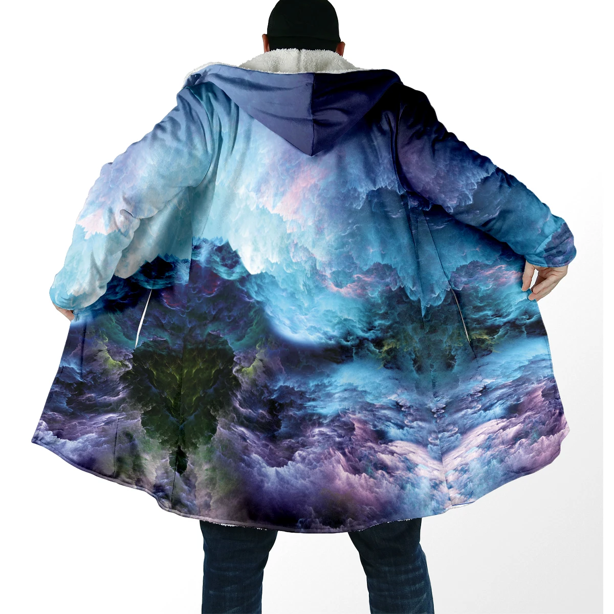 

2025 Winter Fashion Men's cloak nebula Galaxy Psychedelic 3D Printed Thick Fleece Hooded Cloak Unisex Casual Warm Cape Coat DP98