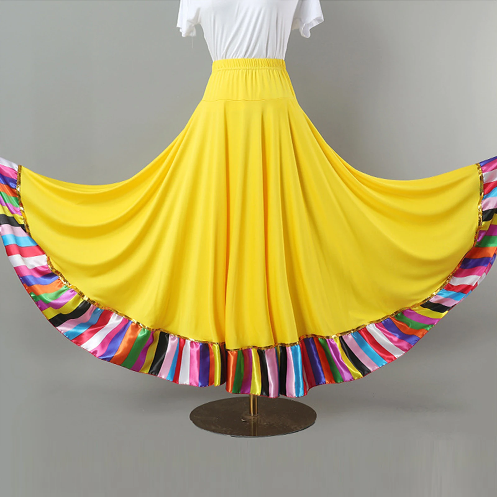Womens Flamenco Dance Skirt High Waist Colorful Stripe Hem Spanish Folk Midi Swing Skirts Ballroom Stage Performance Costume