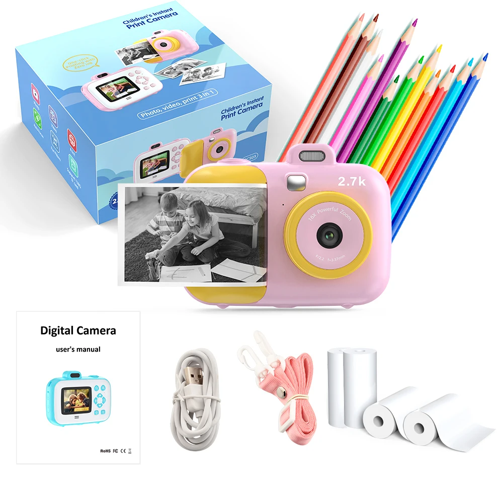 China Factory Custom 2.7k 4 Rolls Print Paper Mini Kids Video Digital Cameras for Children Kid  Instant Photo Print Camera