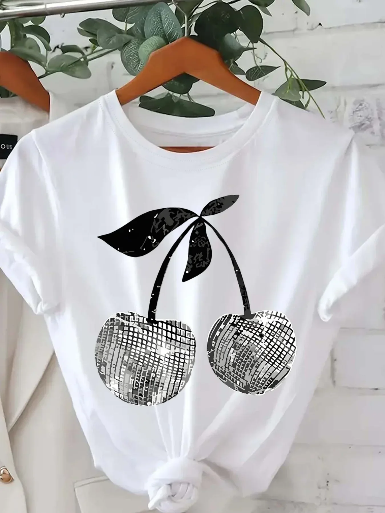 Silver Cherry Graphic Print T-Shirt Short Sleeve Crew Neck Casual Top for Summer & Spring Women' S Clothing Tees