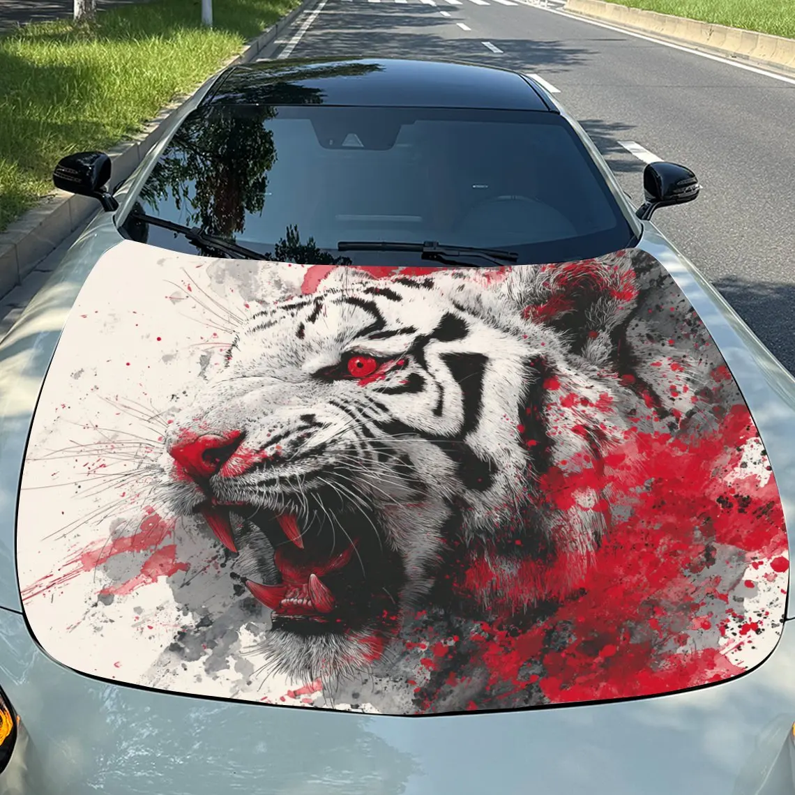

Splashing Ink Red Eyes Tiger Vinyl Decal - Universal Fit Paper Material Car Hood Wrap, Automotive Exterior Bonnet Sticker, Vehic