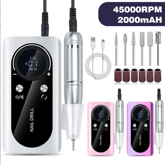 Professional Portable Rechargeable Electric Nail Drill 45000RPM Manicure Pedicure Polishing Tool