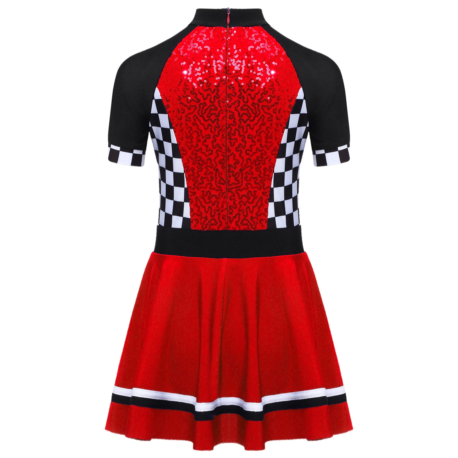 Fantasia de motorista de corrida para meninas, manga curta, zíper invisível, xadrez, lantejoulas brilhantes, vestido para festa temática de halloween