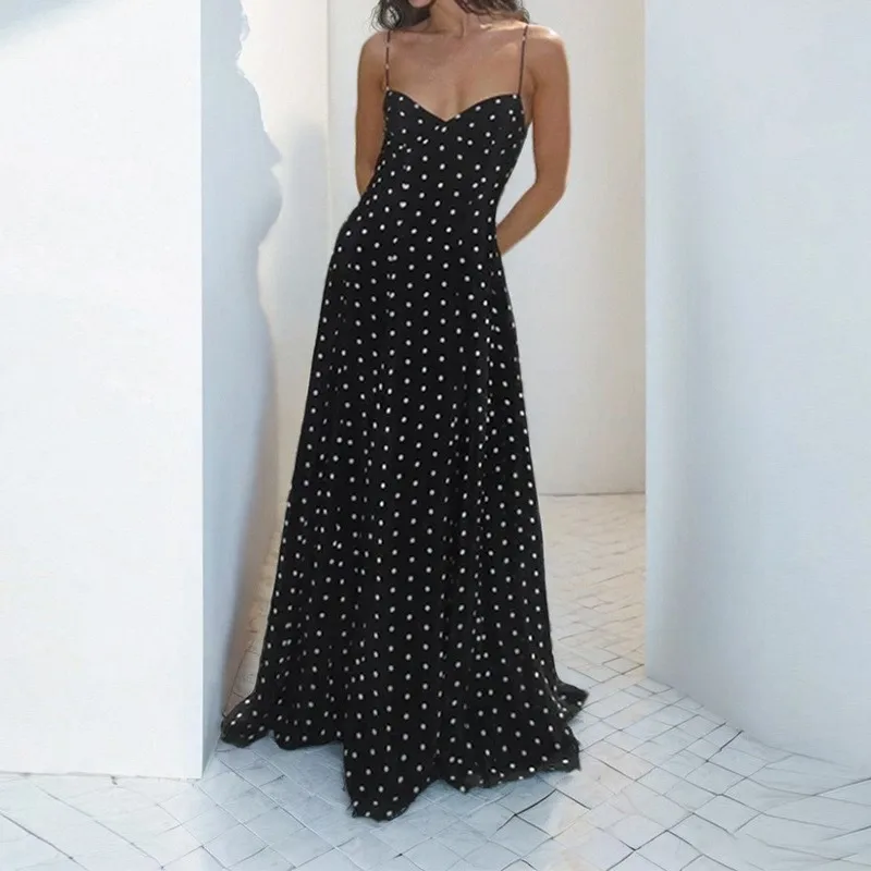 

2025 Women's New Sexy Deep V Black And White Polka Dot Printed Thin Shoulder Suspender Party Dress Sleeveless Floor-length Dress