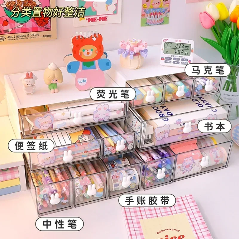 Drawer Type Desktop Storage Box Set Student Ins Stationery Transparent Acrylic Dormitory Desk Organizer Shelf Send Cute Stickers