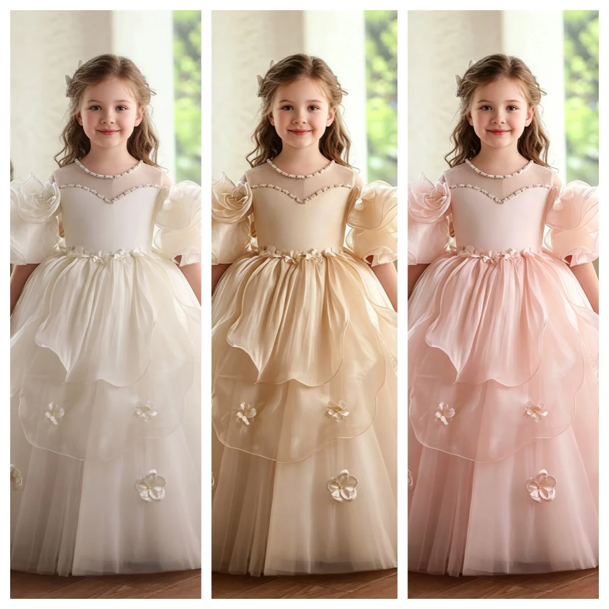 Party Dresses Girl Flower Princess Puff Bow Cake Bubble Sleeve Mesh First Birthday Baby Dress Baptism Wedding Kids Dresses