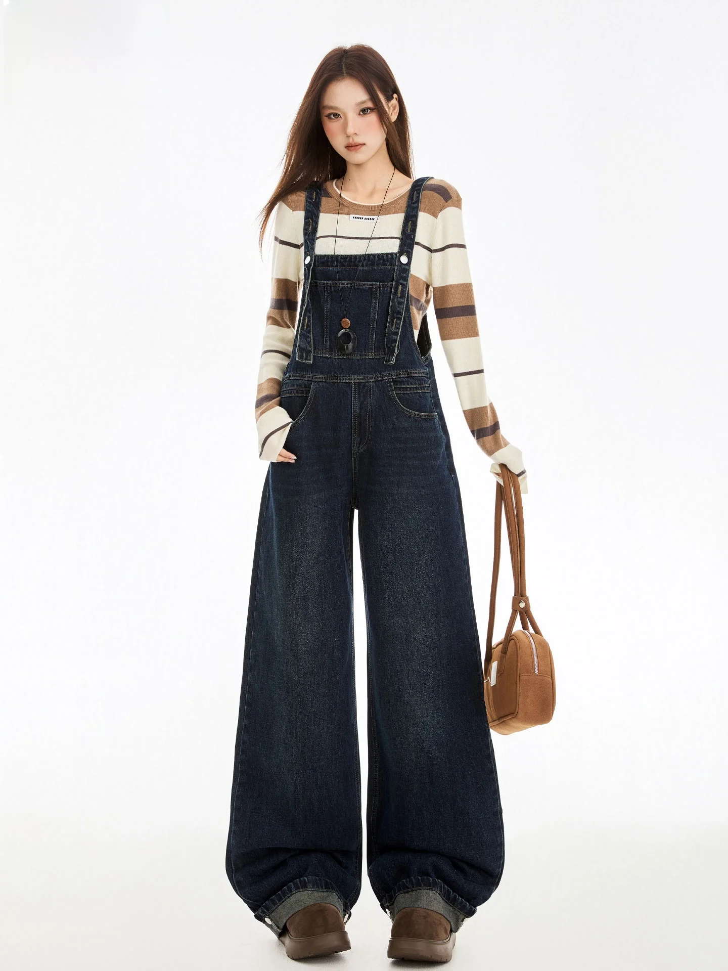 

American Retro Blue Overalls Women's Loose Fitting Youthful Slimming Wide Leg Jumpsuit High Waist Denim Winter Season Ladies
