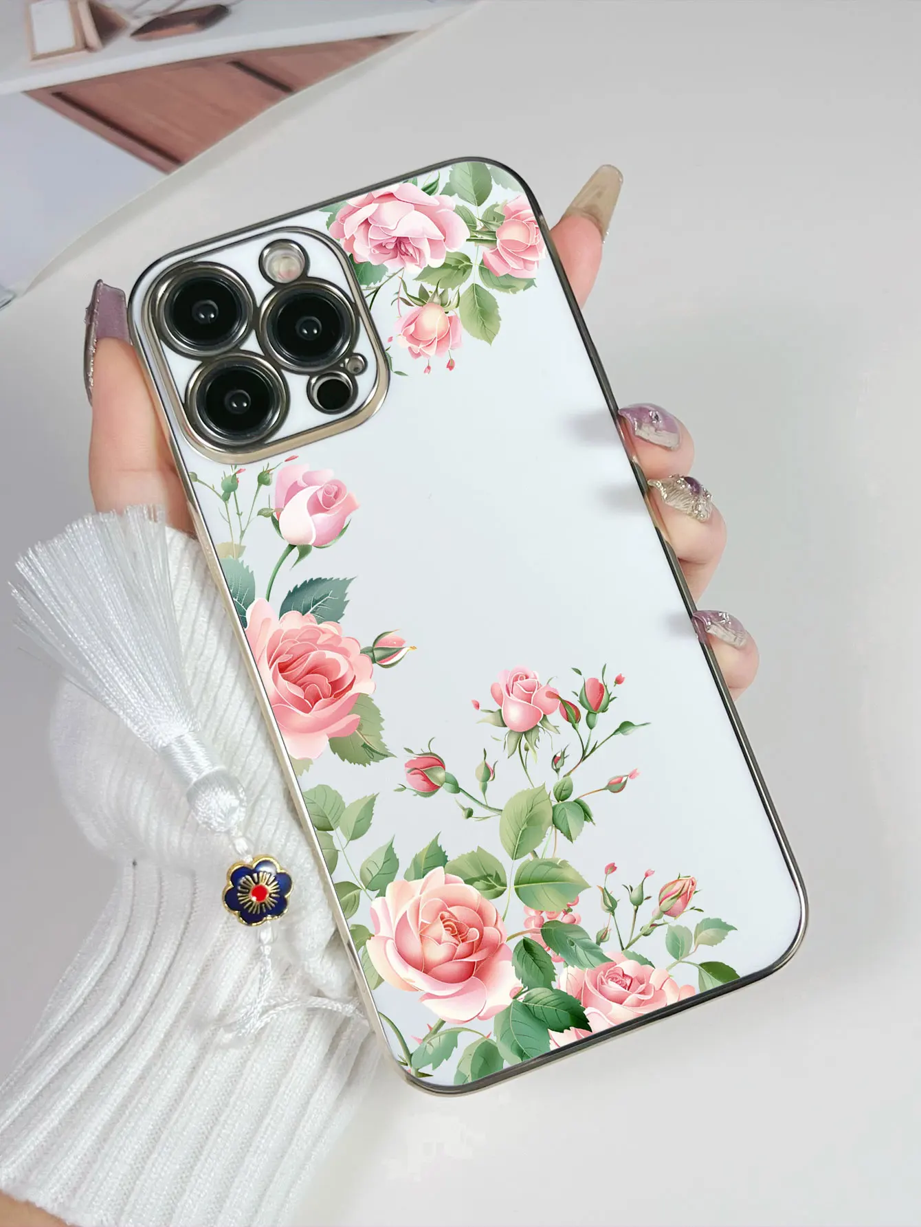 Luxo chapeamento flor padrão design borla cordão caso de telefone para iphone 17 16 15 14 plus 13 12 11 pro max capa traseira fundas