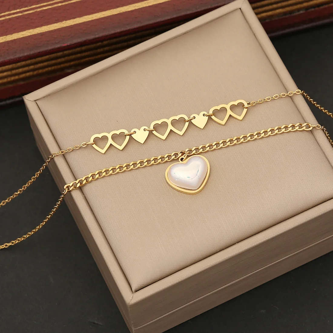 316L Stainless Steel 2-layer Pearl Heart Pendant Necklace for Women New Fashion High Quality Neck Chain Party Jewelry Gift