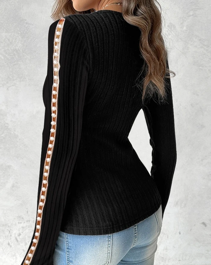 Women's Sweater Tee Tops Elegant Solid Color V-Neck Criss Cross Wrap Pearls Decor Hollow-out Long Sleeve Skinny Ribbed Top