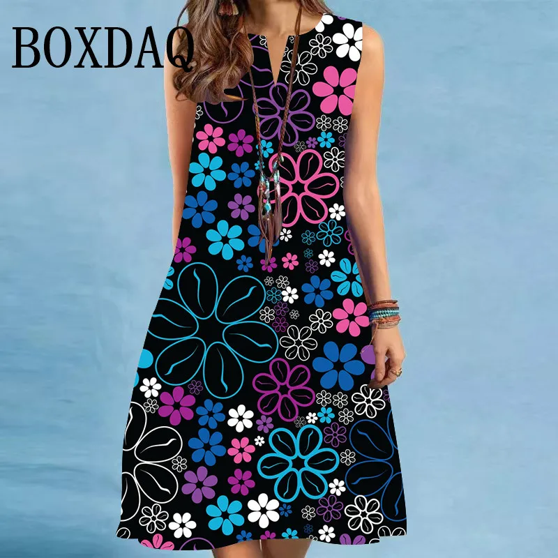 

Flower Printed Dress Hawaiian Style Summer Sleeveless Short Dress Fashion Beach Loose Party Vest A-Line Dress For Women Clothing