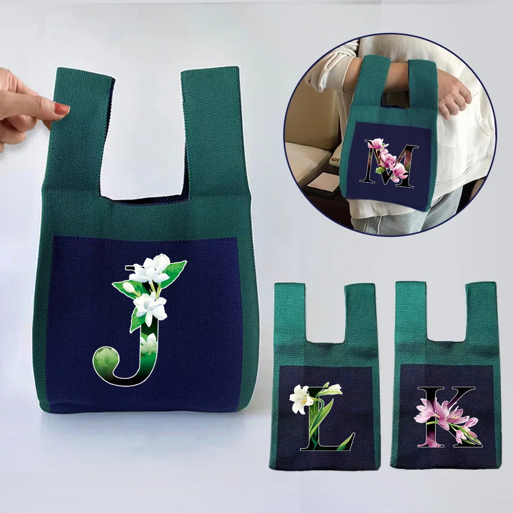 

Knitted Yarn Storage Bag Crochet Bag Shopping Storage Bag Handbag Black Floral Top-handle Bags Portable Malist Tote