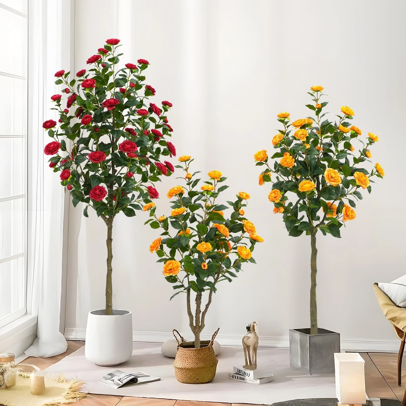 

Premium greenery simulation camellia tree indoor decorative living room artificial flowers rose potted plants plants